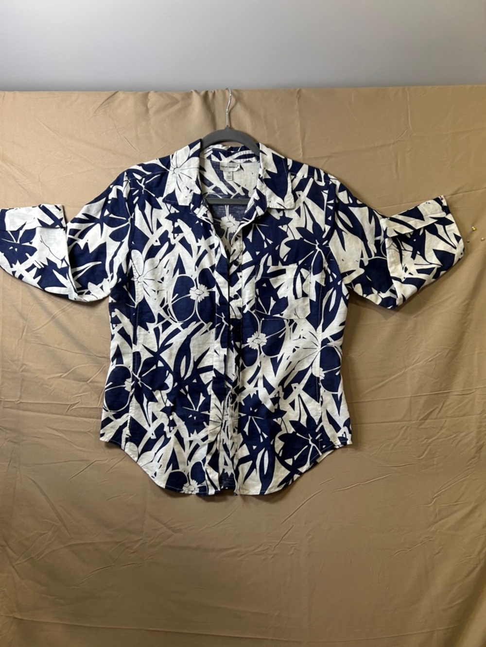 Harve Benard Navy and White Floral Print Button-Down Shirt